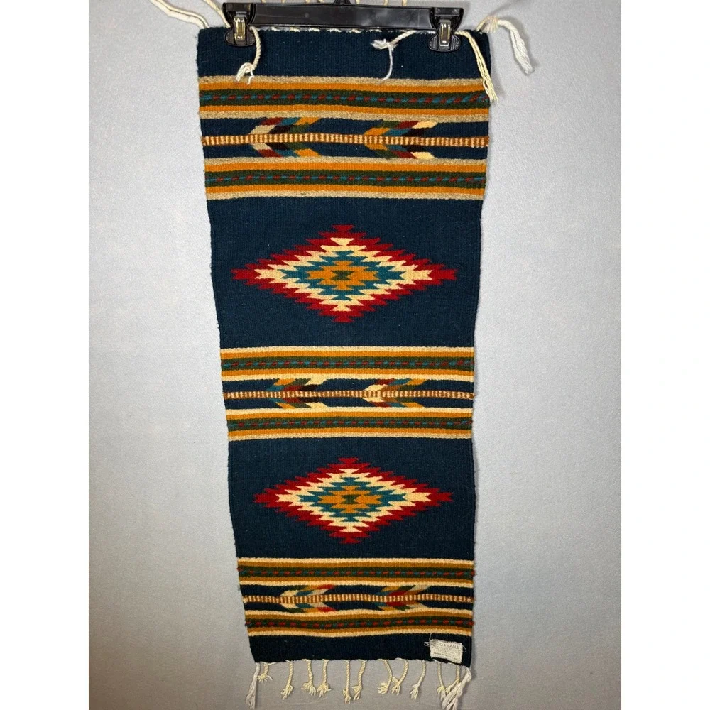 Vintage Zapotec Mexican Wool Tapestry Runner Blue Southwestern 100% Lana
